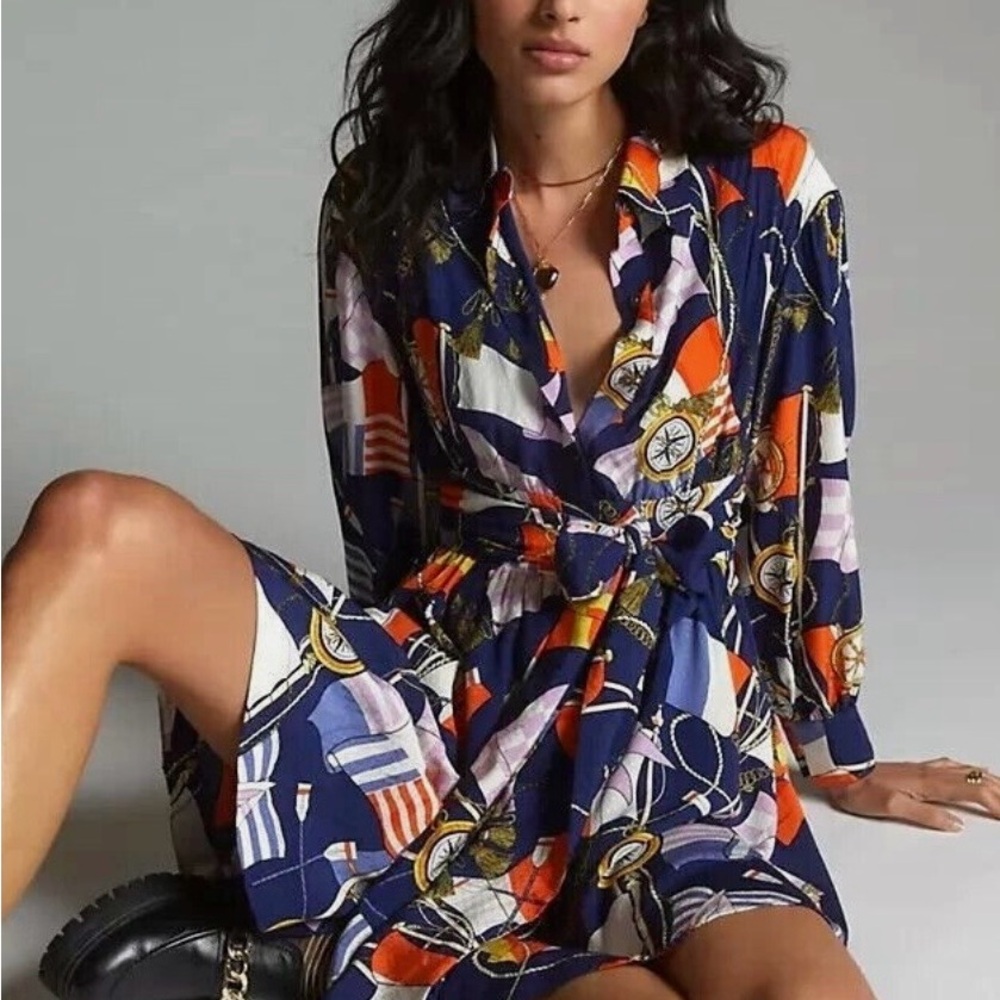 Anthropologie Maeve Shirtdress Buttondown Nautical Navy Sailing Boat Size Small